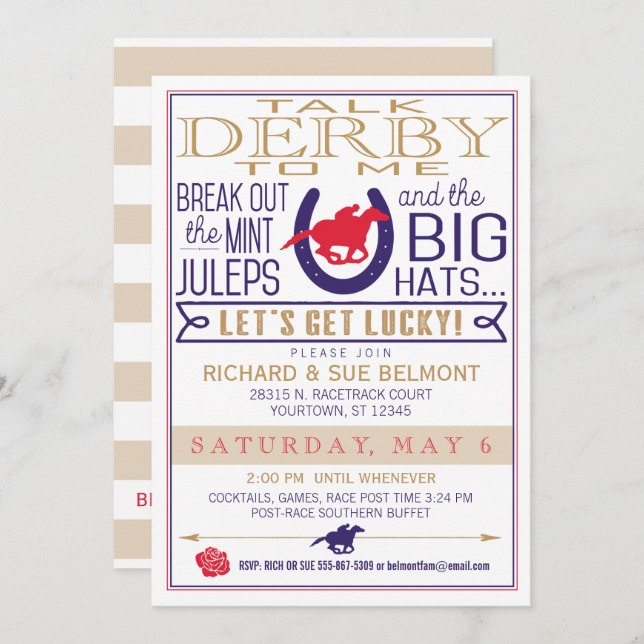 Derby Horse Racing Party Blue/Red/Gold Invitation (Front/Back)