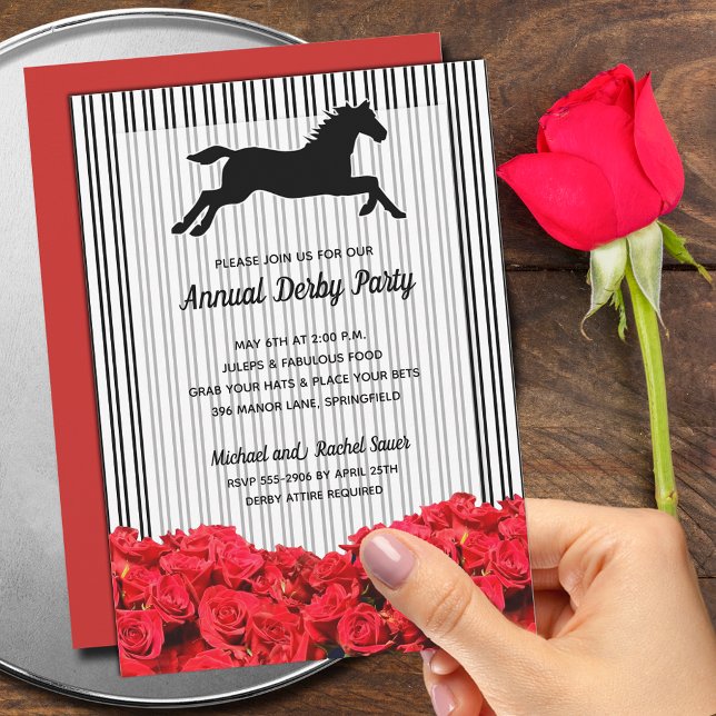 Derby Horse Racing Roses Stripes Invitation (Order INSTANT DOWNLOAD to send digitally or PRINTED invitations to mail or both!)