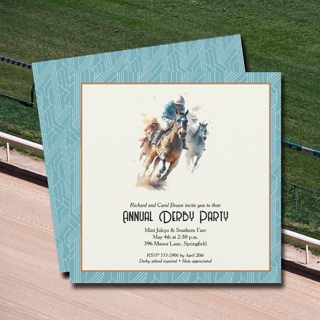 Derby Horses and Jockeys Aqua Party Invitation (Racehorses and Jockeys Derby Party Invitations - INSTANT DOWNLOAD and/or PRINTED or both!)