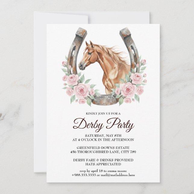 Derby Party Invitation with Horse & Floral Art (Front)