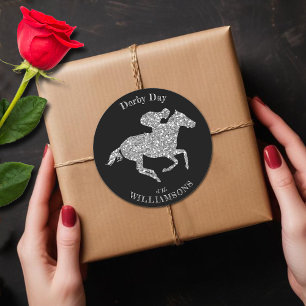 Derby Silver Racehorse on Black Classic Round Sticker
