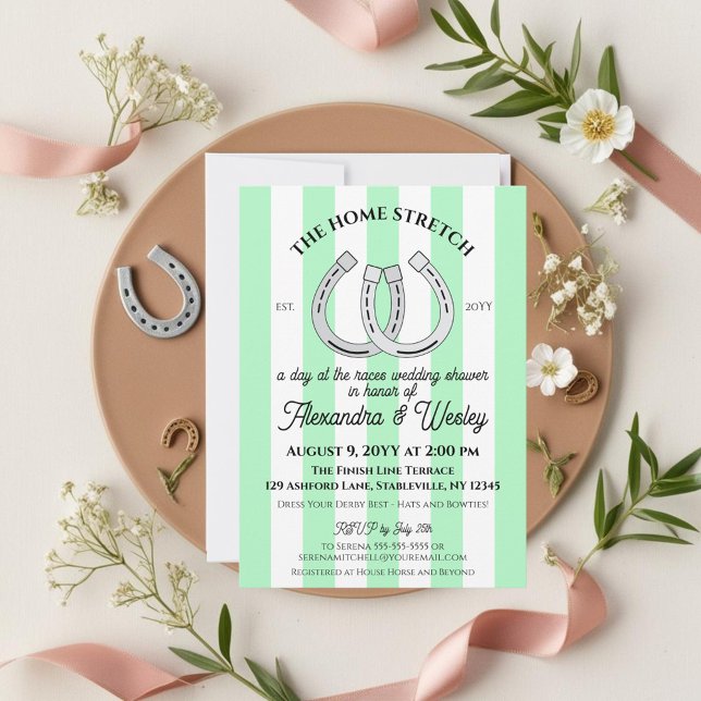 Derby Wedding Shower Mint Cabana Stripes Horseshoe Invitation (Horse racing derby themed couples wedding shower with mint green stripes and horseshoes)