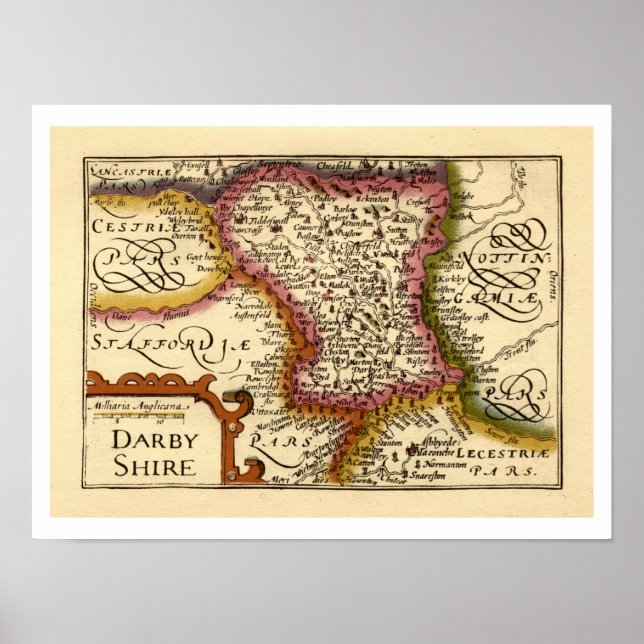 Derbyshire (Darbyshire) County England Antique Map Poster (Front)