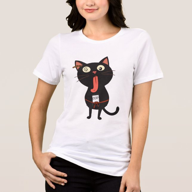 Derpy Black Cat with Goofy Expression Tri-Blend Shirt (Front)