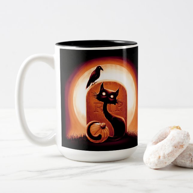 Derpy Halloween Cat by a Tombstone Two-Tone Coffee Mug (With Donut)