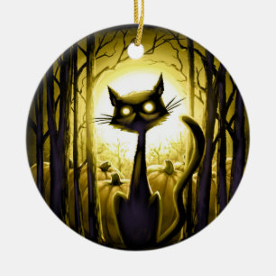Derpy Little Halloween Cat in a Pumpkin Patch Ceramic Tree Decoration