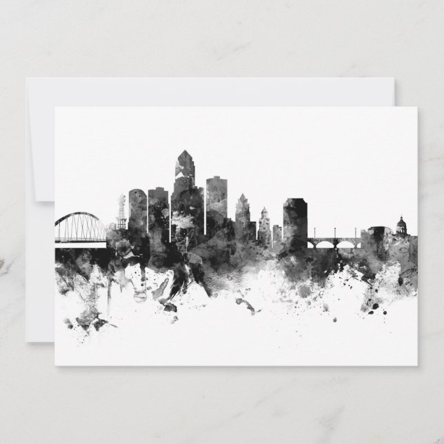 Des Moines Iowa Skyline Black White Invitation (Front)