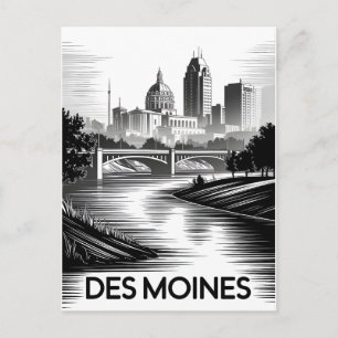 Des Moines Iowa Skyline Black White Woodcut Holiday Postcard