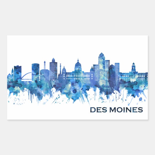 Des Moines Iowa Skyline Blue Rectangular Sticker (Front)