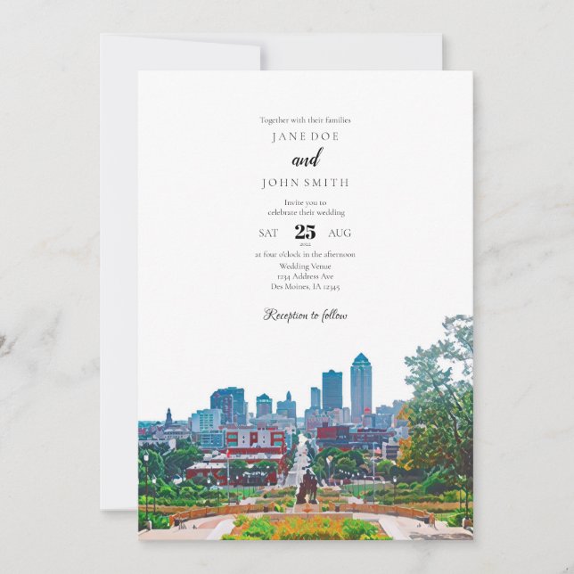 Des Moines Skyline Wedding Invitation (Front)