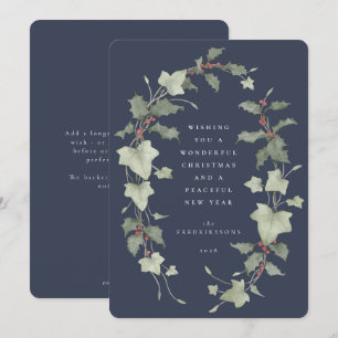 Desaturated Blue Watercolor Holly & Ivy Holiday Card