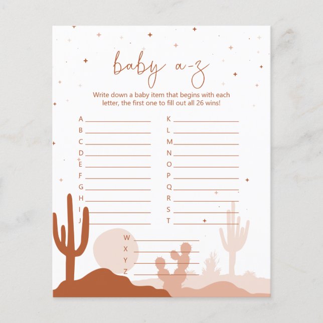 Desert Baby Shower A-Z Game Card (Front)