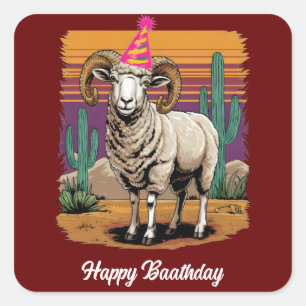 Desert big horn sheep & cactus cartoon neon hat square sticker