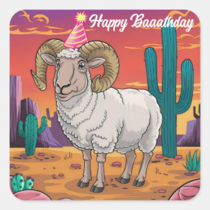 Desert big horn sheep & cactus cartoon square sticker