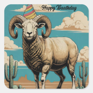 Desert big horn sheep desert clouds cartoon square sticker
