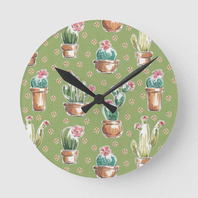 Desert Bloom Step | Green Pattern Round Clock (Front)