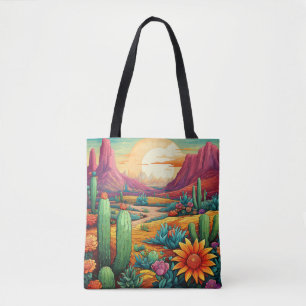 desert bloom with cactus and flowers tote bag