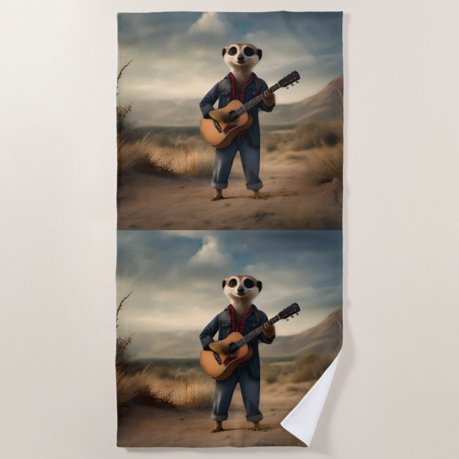 Desert Blues: A Meerkat’s Denim Guitar Jam, Beach Towel (Front)