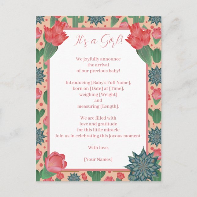 Desert Blush Pink Girl  Announcement Postcard (Front)