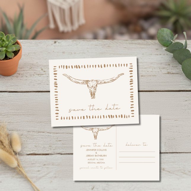 Desert Boho Cow Skull Wedding Save the Date Announcement Postcard (Desert Boho Cow Skull Wedding Save the Date)