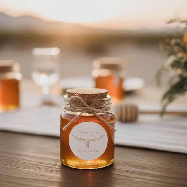 Desert Boho Cow Skull Wedding Thank You  Classic Round Sticker (Desert Boho Cow Skull Wedding Thank You Classic Round Sticker)