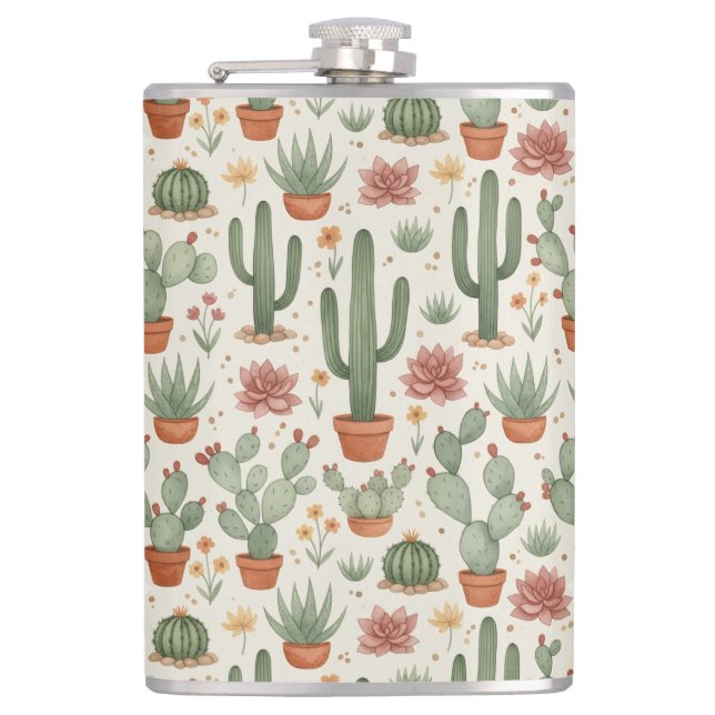 Desert Cacti Succulent Seamless Pattern Hip Flask (Front)