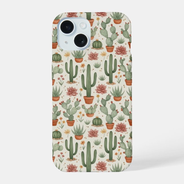 Desert Cacti Succulent Seamless Pattern iPhone 15 Case (Back)