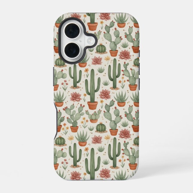 Desert Cacti Succulent Seamless Pattern iPhone 16 Case (Back)