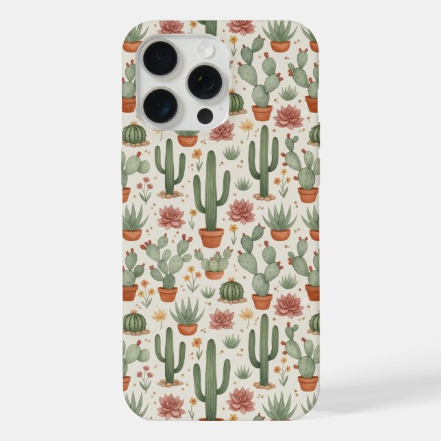Desert Cacti Succulent Seamless Pattern iPhone Case (Back)