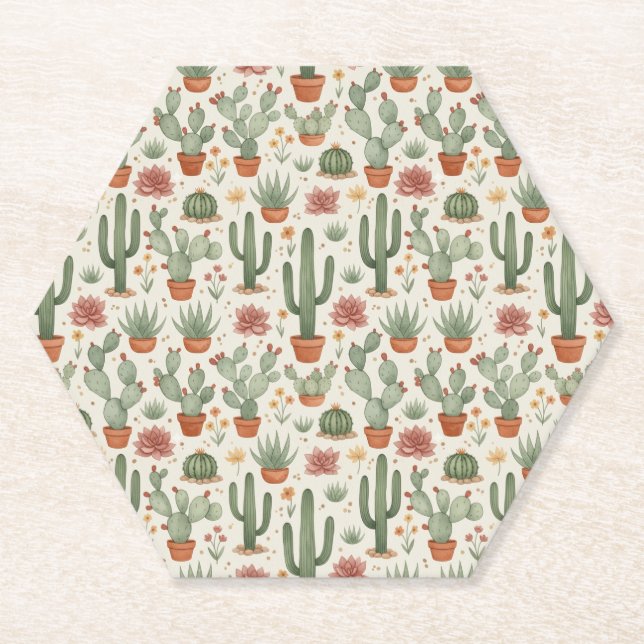 Desert Cacti Succulent Seamless Pattern Paper Coaster (Front)