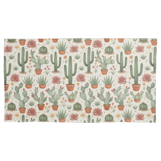 Desert Cacti Succulent Seamless Pattern Pillowcase (Front-Left)
