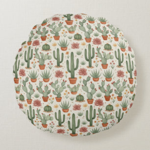 Desert Cacti Succulent Seamless Pattern Round Cushion