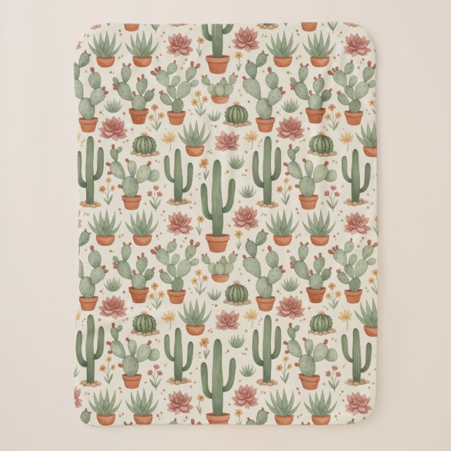 Desert Cacti Succulent Seamless Pattern Sherpa Blanket (Front)