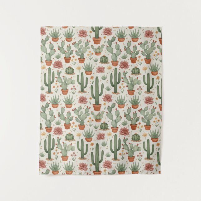 Desert Cacti Succulent Seamless Pattern Tapestry (Front)