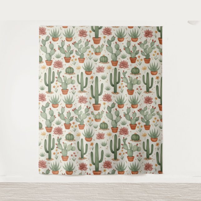 Desert Cacti Succulent Seamless Pattern Tapestry (Front)