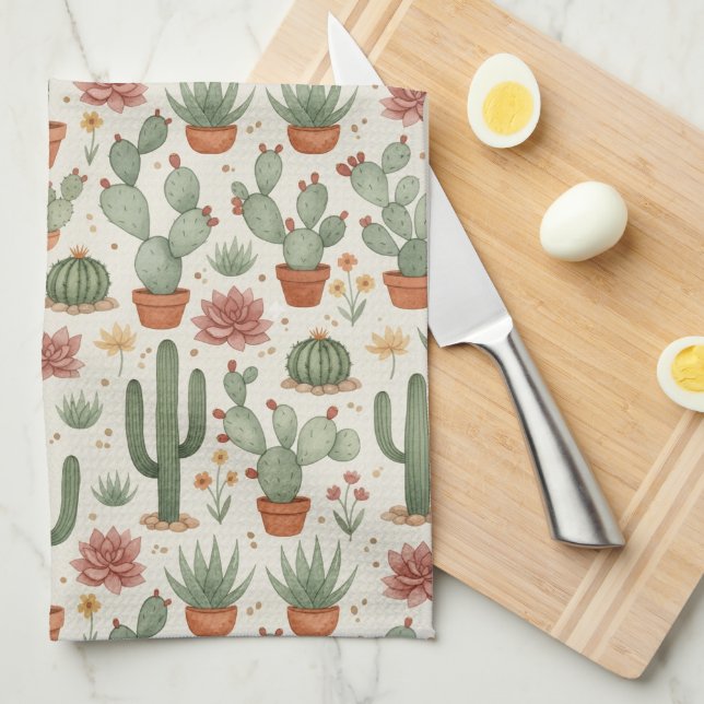 Desert Cacti Succulent Seamless Pattern Tea Towel (Quarter Fold)