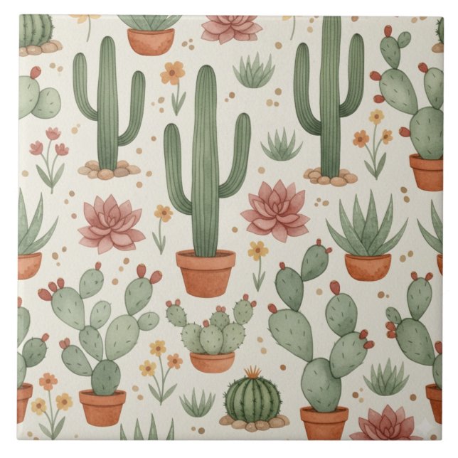 Desert Cacti Succulent Seamless Pattern Tile (Front)