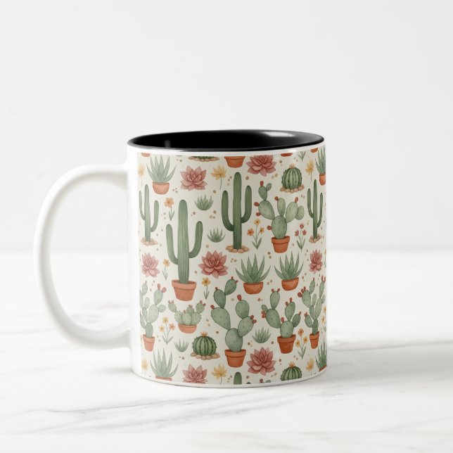 Desert Cacti Succulent Seamless Pattern Two-Tone Coffee Mug (Left)