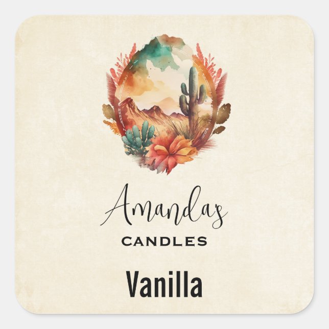 Desert Cactus and Mountains Candle Business Square Sticker (Front)
