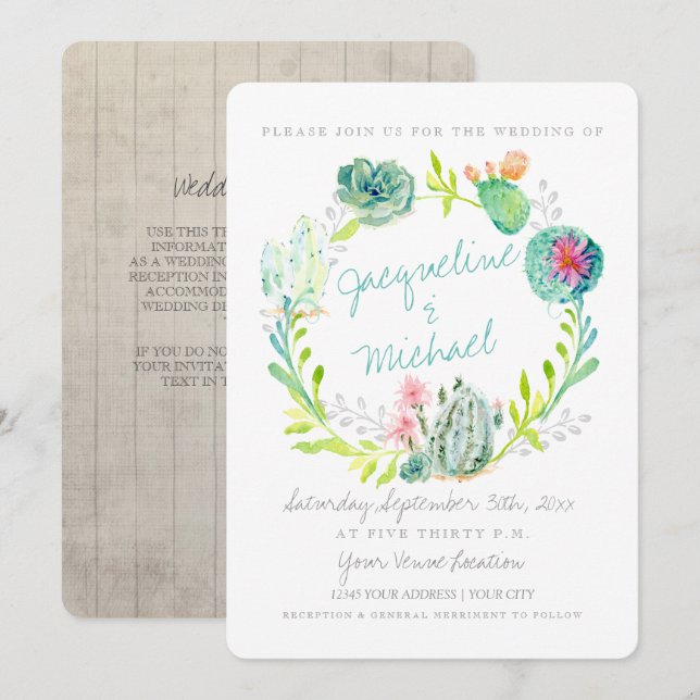 Desert Cactus Flower Wood Watercolor w Details Invitation (Front/Back)