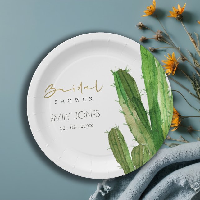 DESERT CACTUS FOLIAGE WATERCOLOR BRIDAL SHOWER PAPER PLATE (Creator Uploaded)