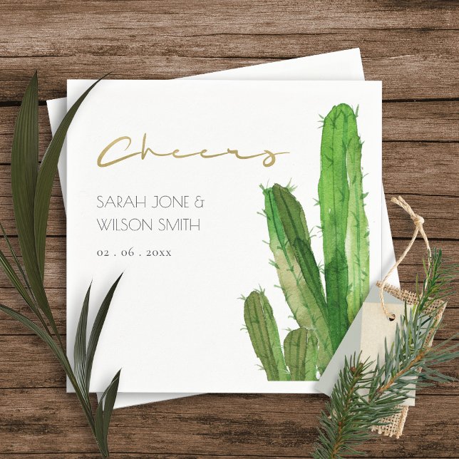 DESERT CACTUS FOLIAGE WATERCOLOR CHEERS WEDDING NAPKIN (Creator Uploaded)