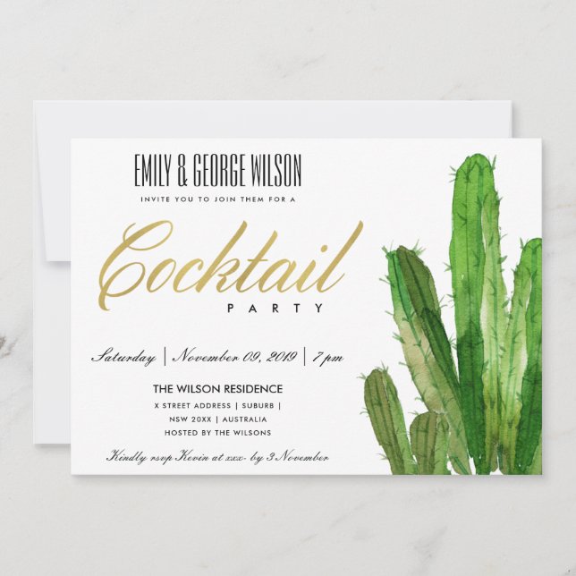 DESERT CACTUS FOLIAGE WATERCOLOR COCKTAIL PARTY INVITATION (Front)