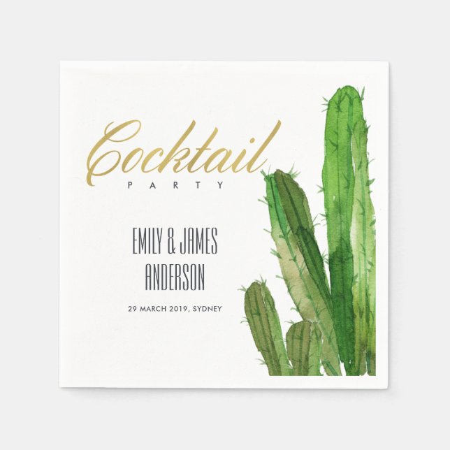 DESERT CACTUS FOLIAGE WATERCOLOR COCKTAIL PARTY NAPKIN (Front)