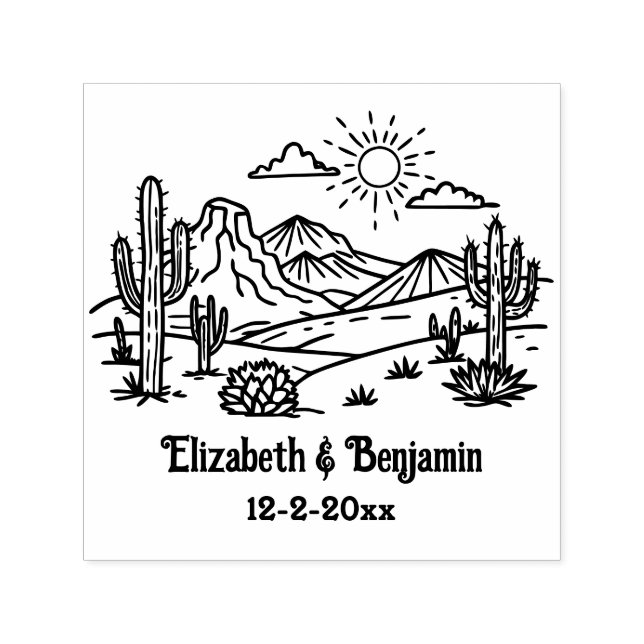 Desert Cactus Landscape #3 Couple Name Date Self-inking Stamp (Design)