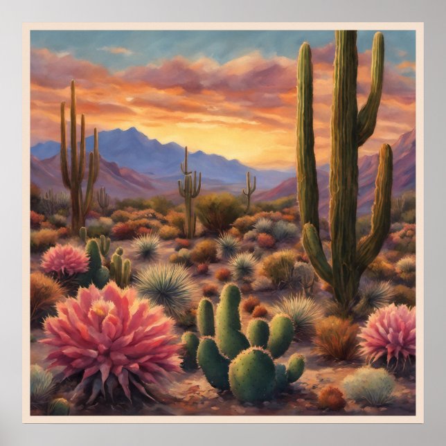 Desert Cactus Mountain Sunrise Dramatic Statement  Poster (Front)