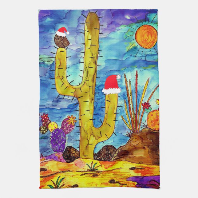 Desert Cactus Owl in a Christmas Hat Kitchen Towel (Vertical)