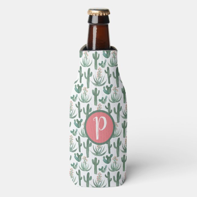Desert Cactus Pattern Watercolor CUSTOM Initials Bottle Cooler (Bottle Front)