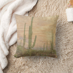 Desert Cactus Plants On Wood Grain Photo Image Cushion