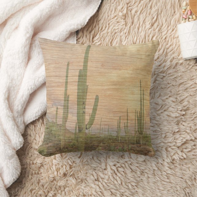 Desert Cactus Plants On Wood Grain Photo Image Cushion (Blanket)